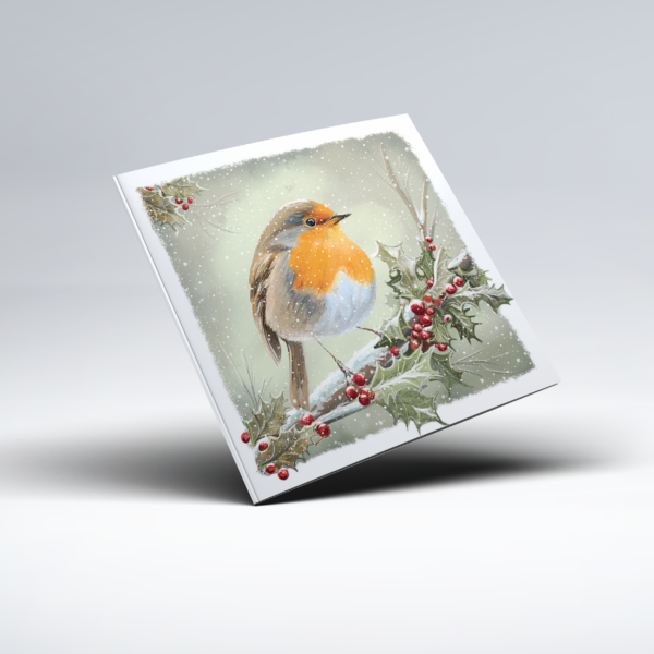 Illustrated Christmas card showing a robin with a bright orange-red breast perched on a snow-covered holly branch with red berries, surrounded by softly falling snow against a pale green winter background.