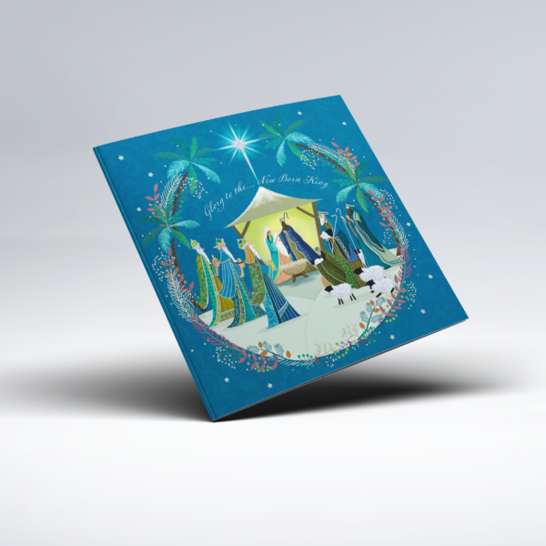 Illustrated Nativity Christmas card showing figures gathered around a central stable beneath a large bright star, framed by decorative foliage in shades of blue, green and gold. Sheep appear in the snowy foreground, with the words "Glory to the New Born King" across the upper centre.