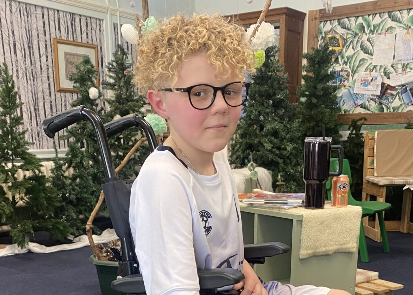 Charlie during recovery, in a wheelchair.