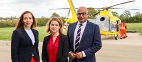 L-R Catherine Atkinson MP (Derby North), Amanda Hack MP (North West Leicestershire) and Baggy Shanker MP (Derby South) at The Air Ambulance Service’s airbase in Nottingham