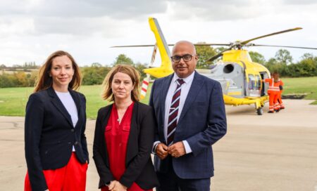 L-R Catherine Atkinson MP (Derby North), Amanda Hack MP (North West Leicestershire) and Baggy Shanker MP (Derby South) at The Air Ambulance Service’s airbase in Nottingham