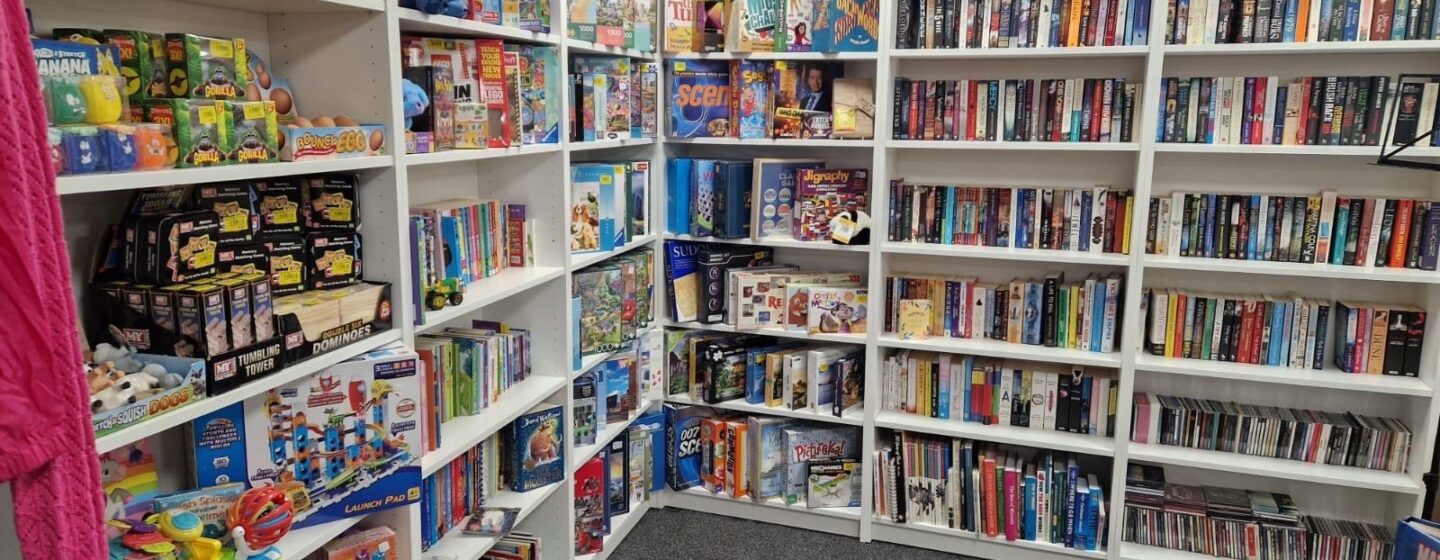 Inside our Long Eaton store, books displayed on lots of shelves.