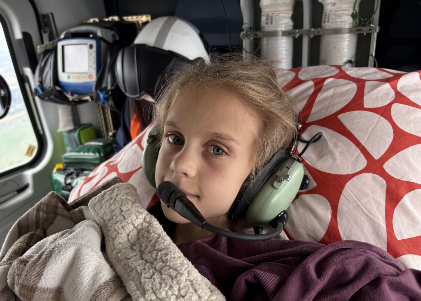 Verity in the helicopter, during her transfer