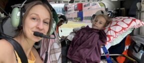 Verity and her Mum in the helicopter, during the transfer.