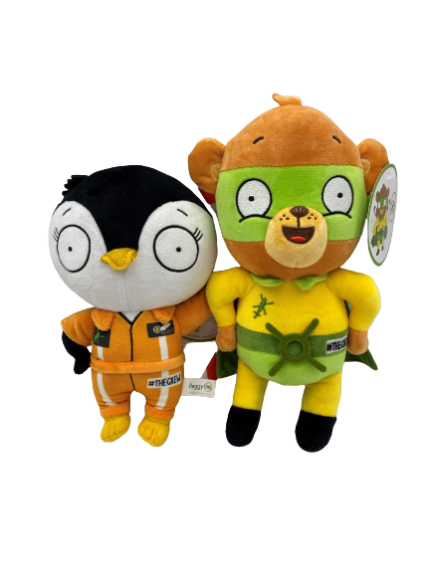 Front facing photograph of stuffed bear plush, Blade and stuffed penguin, Peggy - our TCAA mascots. Blade is wearing a yellow top, and a green cape and mask. On his back are helicopter blades. Peggy is wearing an orange flight suit/