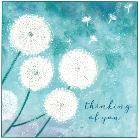 Image of greetings card with dandelion design and thinking of you message