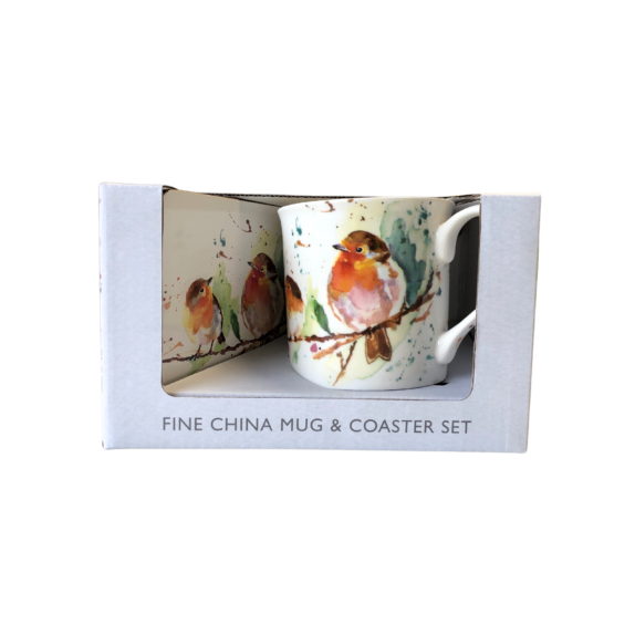 front of winter robin mug and coaster set