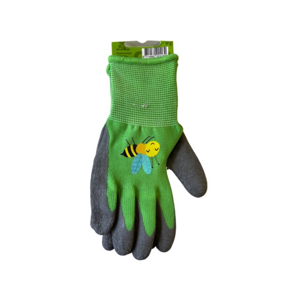 Picture of the back of a pair of Children's Gardening Gloves, in green and grey, with a bumble bee design.