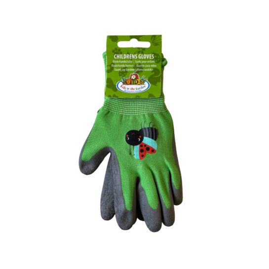 Picture of the front of a pair of Children's Gardening Gloves, in green and grey, with a bumble bee design.