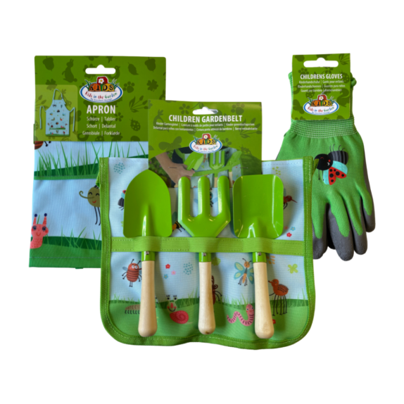 A picture of the whole children's gardening range, including gloves, an apron and a tool belt with a fork, spade and trowel.