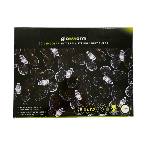 A front on photo of a box of 20 Butterfly Solar Lights