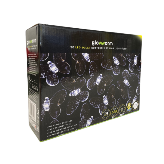 A side on photo of a box of 20 Butterfly Solar Lights