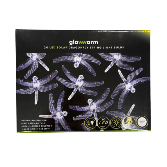 A front on photo of a box of 20 dragonfly solar lights