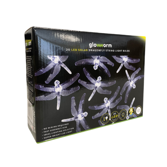 side on photo of a box of 20 dragonfly solar lights