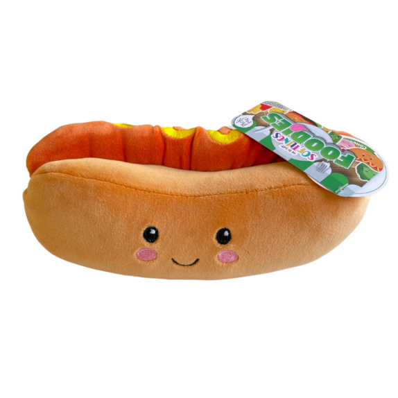 A front facing photo of a hotdog plush toy