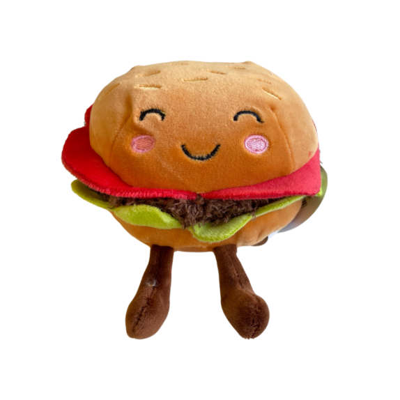 A front facing photo of a burger plush toy