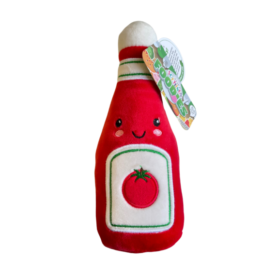 A front facing photo of a ketchup bottle plush toy